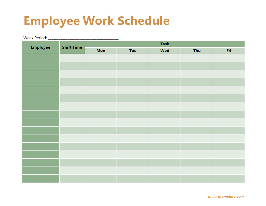 Employee Weekly Work Schedule Template with Sections for Employee Names, Shift Times, and Daily Work Assignments