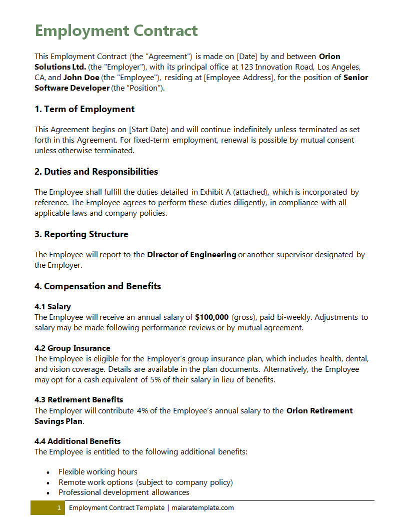 Employment contract template featuring sections for employee and employer information, job title, start date, and salary details for formal employment agreements.