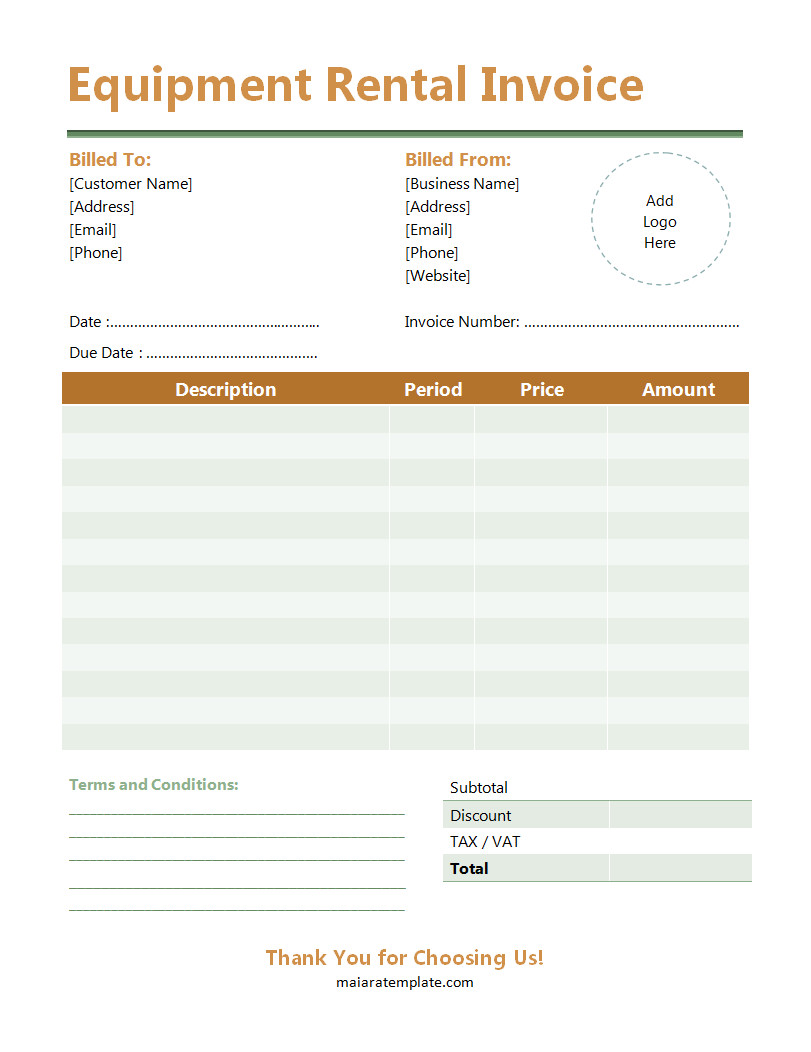 Professional equipment rental invoice template featuring a clean layout with sections for renter details, equipment description, and rental period.