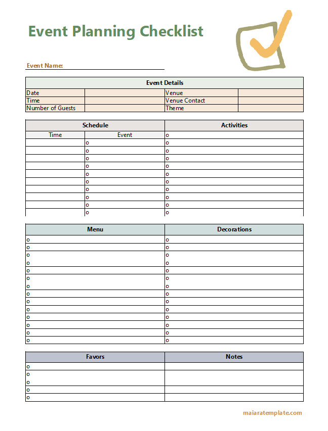 Comprehensive event planning checklist template for organizing and managing event details.