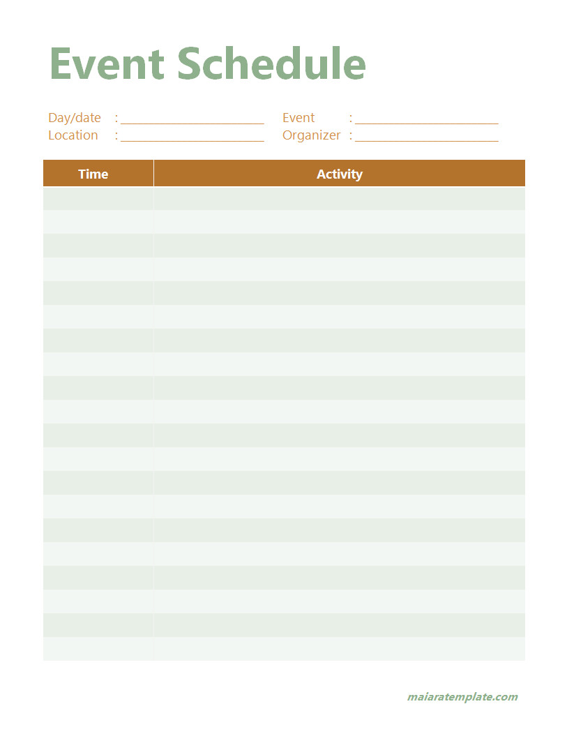 Sample Event Schedule Template Featuring Fields for Event Name, Date, and Speaker or Activity Timelines