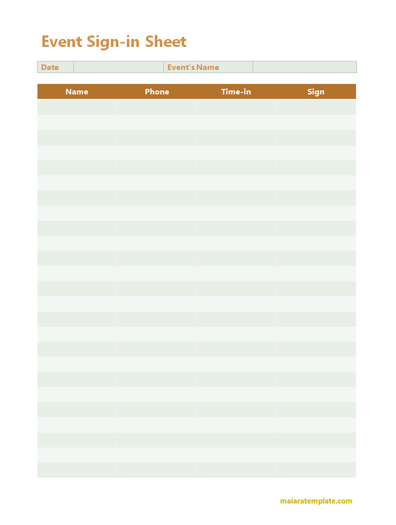 Blank event sign-in sheet template with organized columns for name, contact details, and signature.