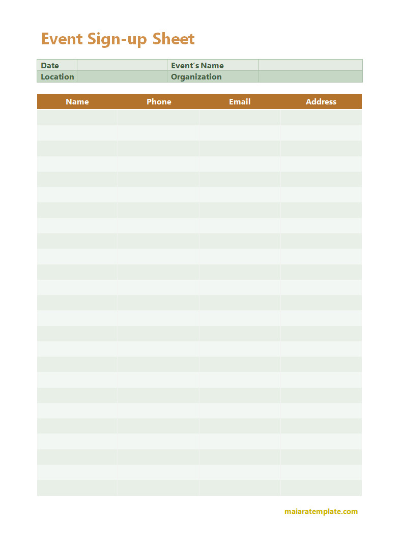 Event sign-up sheet template with columns for participant name, email, and phone number.