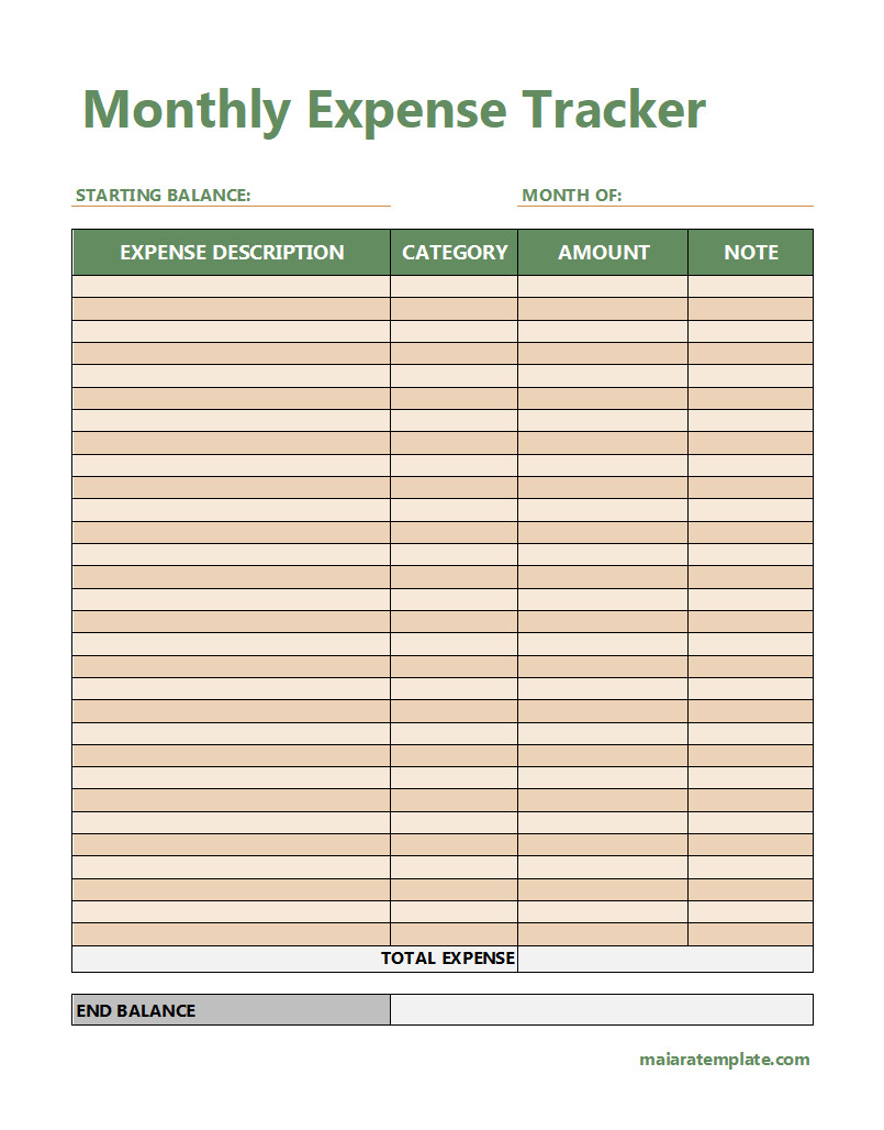 Simple expense tracker template featuring a clear layout for tracking monthly expenses.