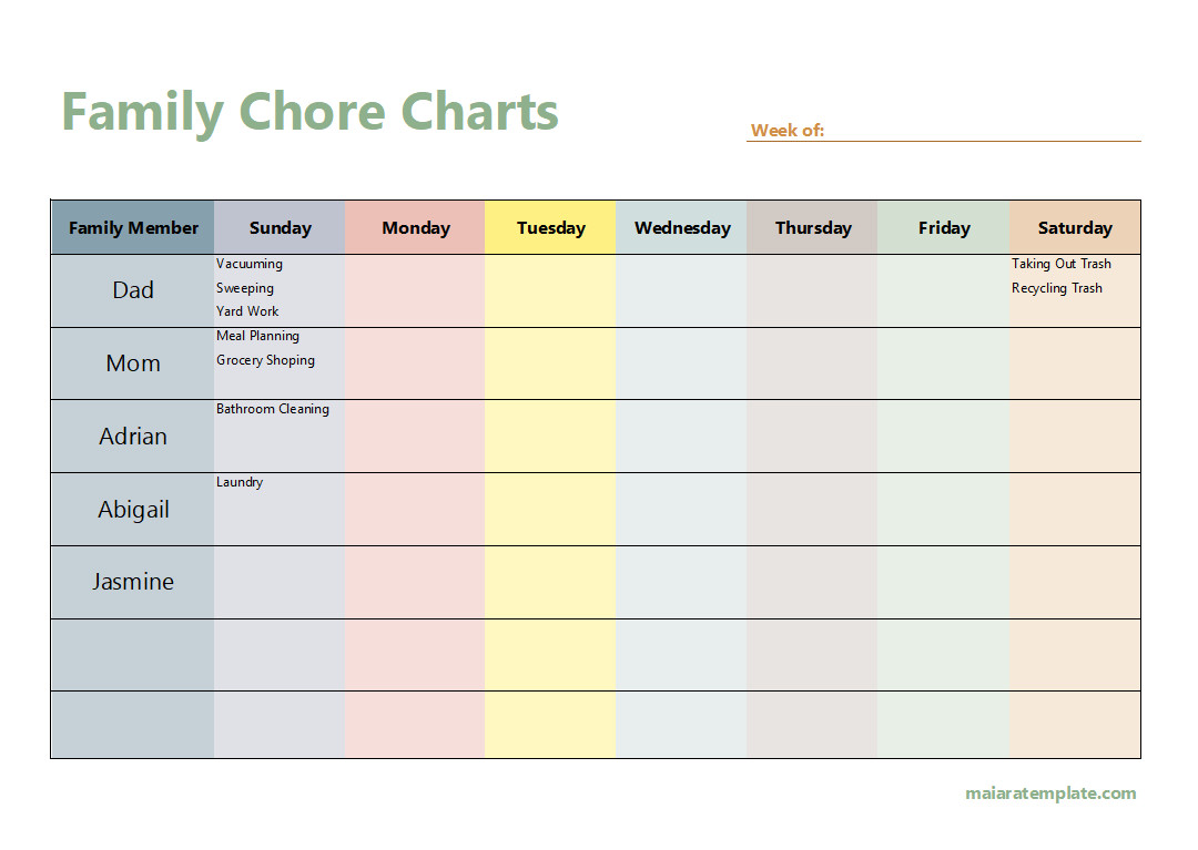 Family Chore Chart Template with Sections for Assigning Tasks to Each Family Member