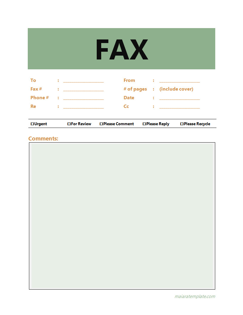 Professional fax cover sheet template with fields for sender and recipient details, date, and subject line.