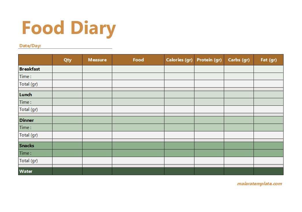 Simple food diary template designed to track breakfast, lunch, dinner, and snacks along with notes on nutrition.