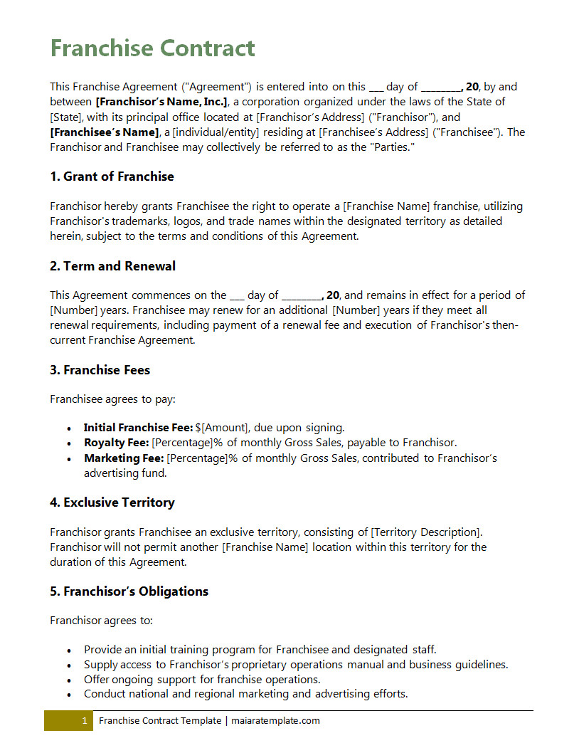 Printable franchise agreement template designed for franchisors and franchisees, with customizable terms for branding, training, and renewal options.