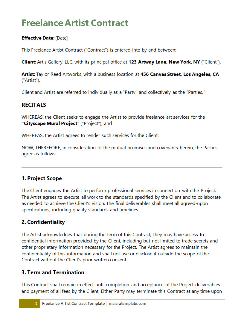 Customizable freelance artist contract template with sections for artwork specifications, payment schedules, and intellectual property rights.