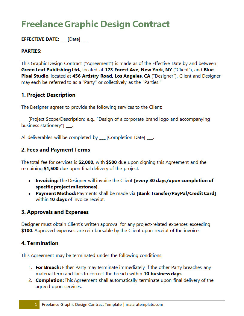Editable contract template for freelance graphic designers, covering intellectual property rights, revisions, and deliverables