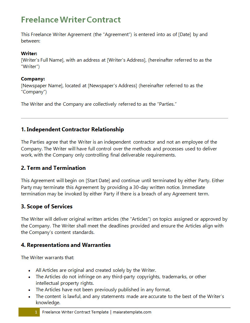 Freelance writer contract template featuring sections for project scope, deadlines, payment terms, and intellectual property rights to ensure clear agreements.