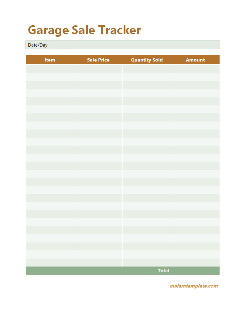 Organized garage sale tracker template to log items, prices, and sales totals