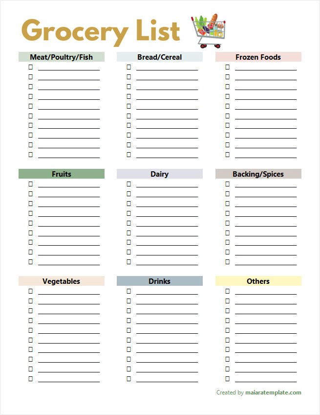 Printable grocery list template for organizing weekly shopping items.