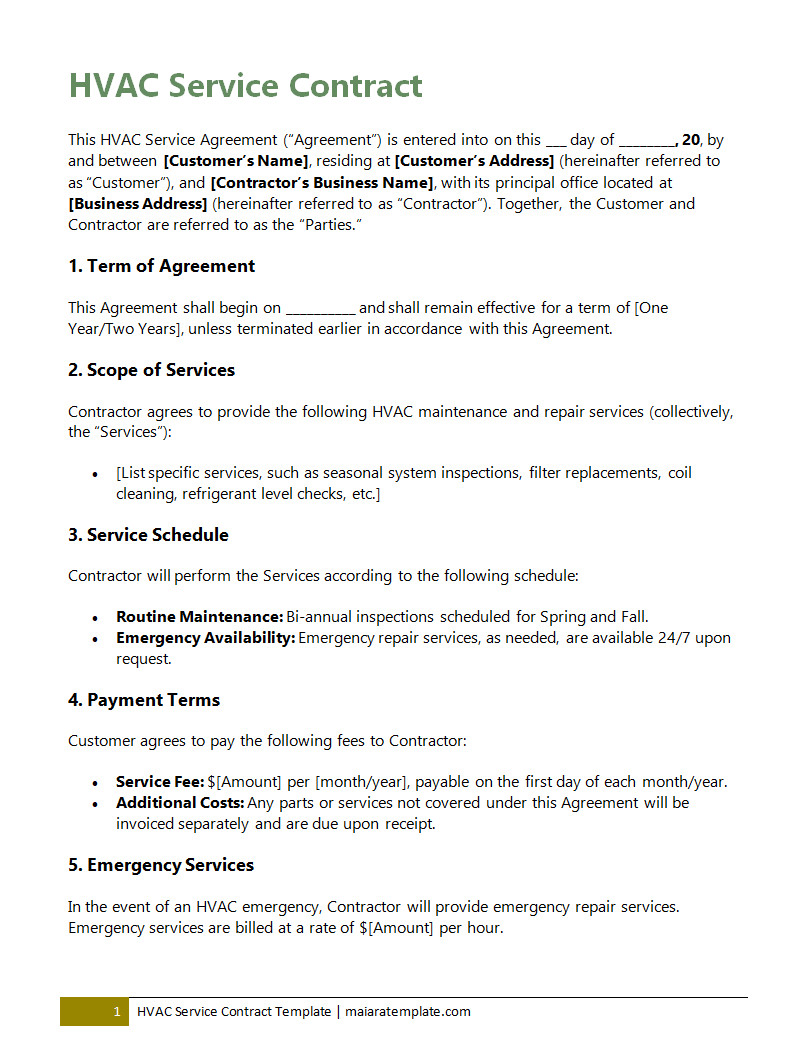 Printable HVAC maintenance contract template with spaces for client and contractor signatures, equipment details, and service plan options.