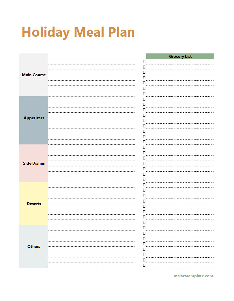 Sample Holiday Meal Planner Template Featuring Fields for Appetizers, Main Dishes, Desserts, and Beverages