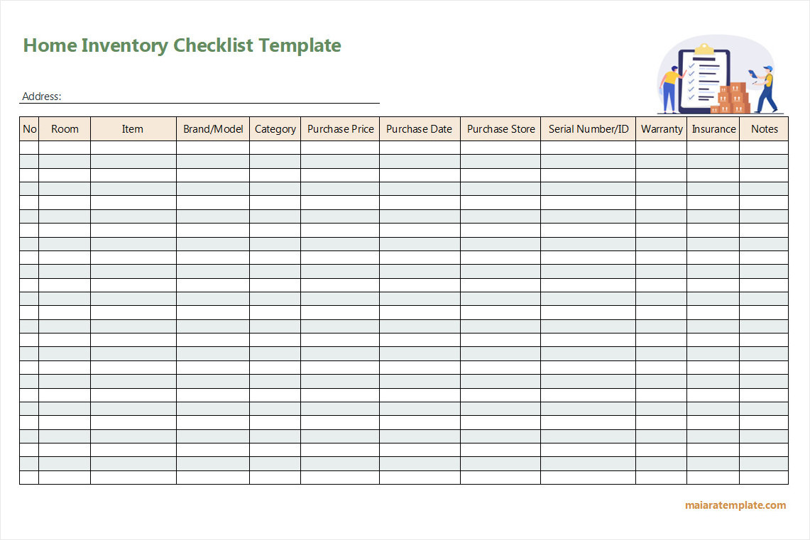 Home inventory checklist template with sections for item categories, descriptions, and estimated values.