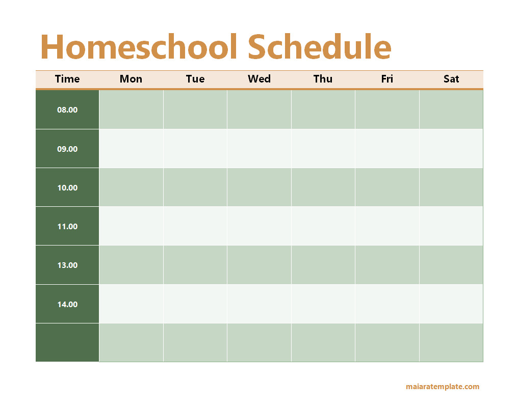 Homeschool Schedule Template with Sections for Daily Subjects, Lesson Times, and Activity Blocks