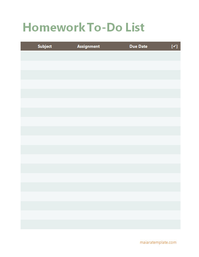 Homework to-do list template with sections for assignment details, due dates, and completion status.