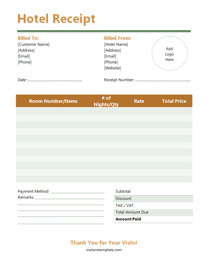 Hotel Receipt Template with Sections for Guest Name, Room Charges, and Total Payment