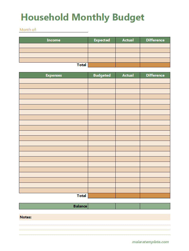 Organized household budget template with sections for income, expenses, and savings tracking