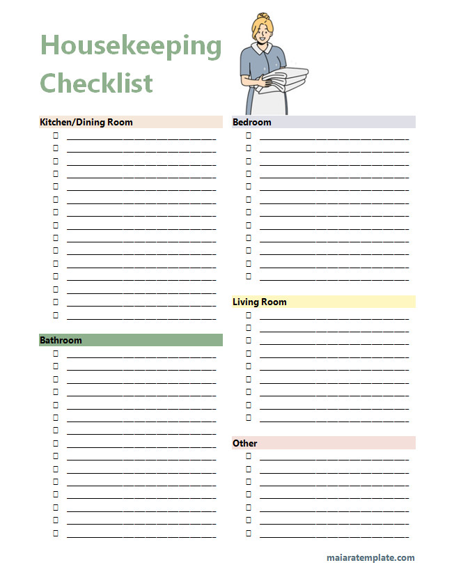 Housekeeping Checklist Template showing a detailed layout for tracking cleaning duties and completion status.