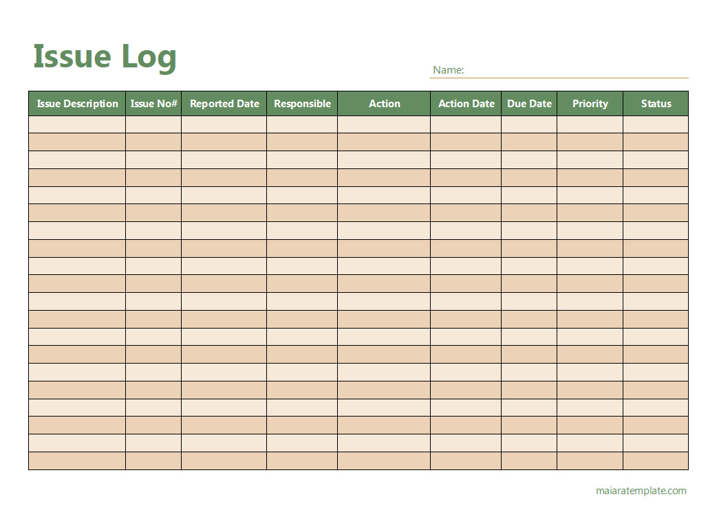 Detailed issue log template with columns for issue ID, description, status, and resolution.