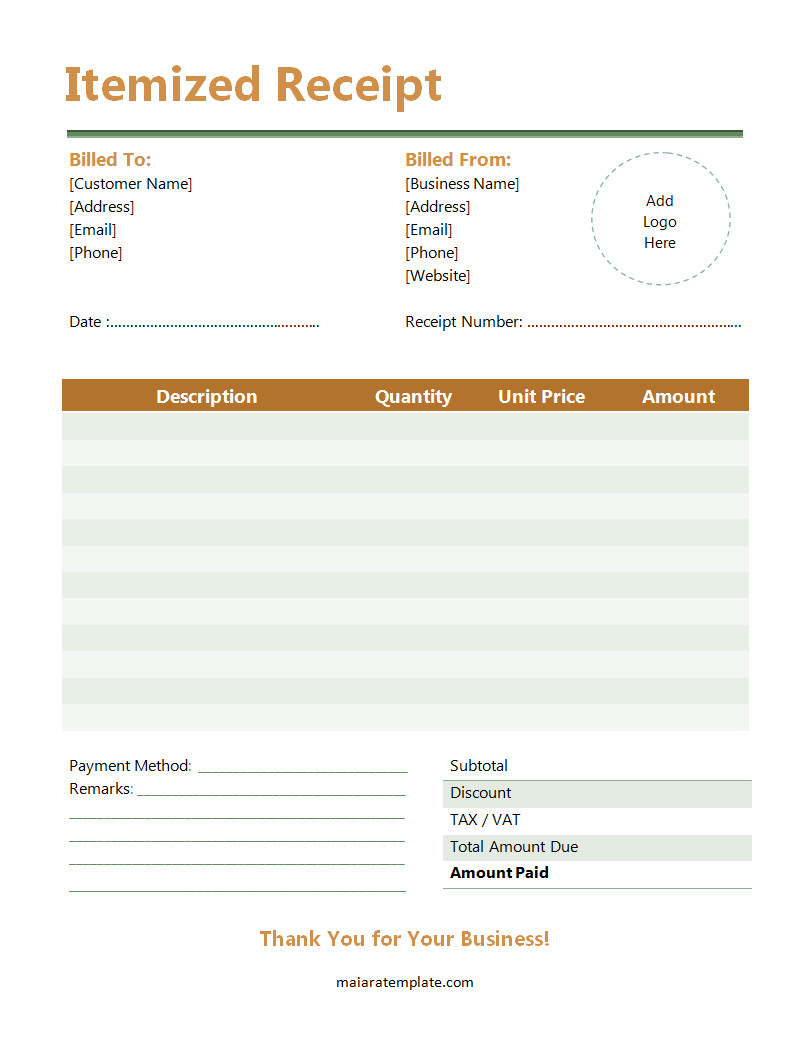 Itemized Receipt Template with Sections for Listing Products, Quantity, Unit Price, and Total Amount