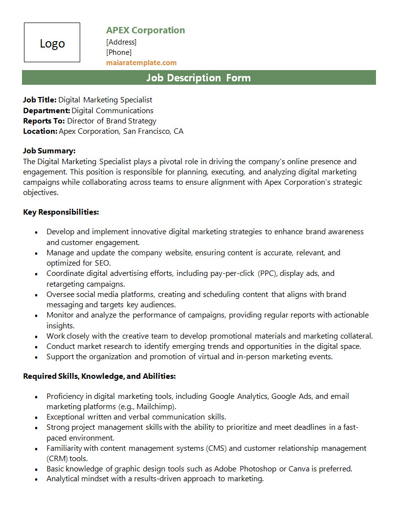 Professional job description template with sections for responsibilities, qualifications, and skills required.