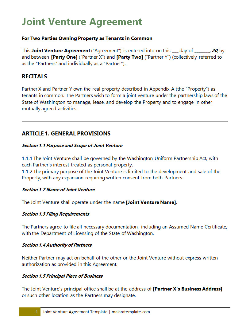 Joint venture agreement template with sections for defining the scope of the partnership, profit-sharing terms, and roles of each party involved.