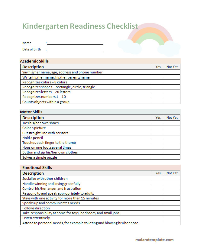 Kindergarten readiness checklist template with sections for skills.