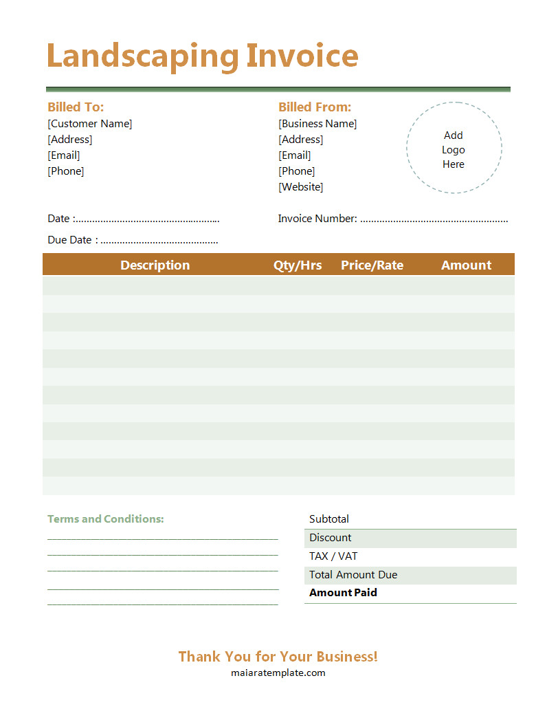 Professional landscaping invoice template featuring sections for client details, services provided, materials used, and total payment due.