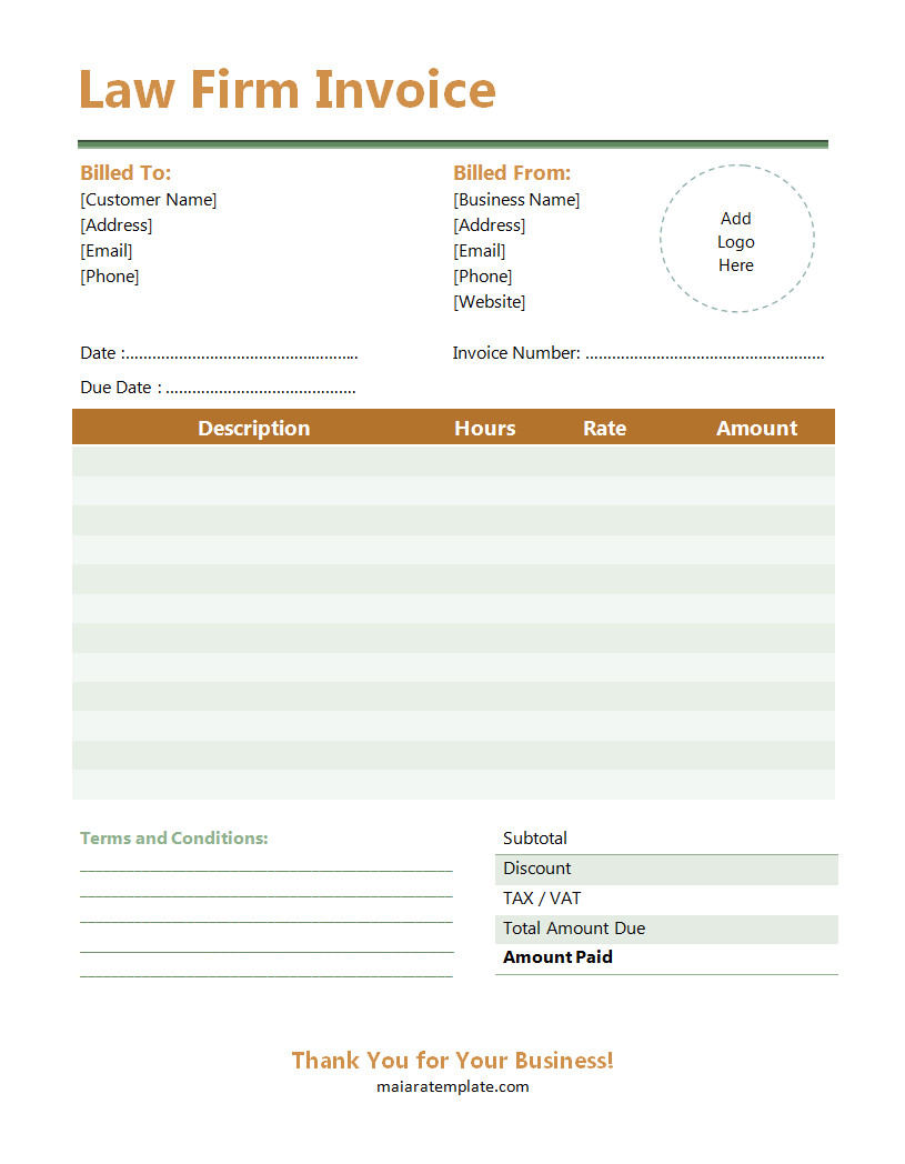 Professional law firm invoice template featuring sections for client details, case description, billable hours, and total legal fees.