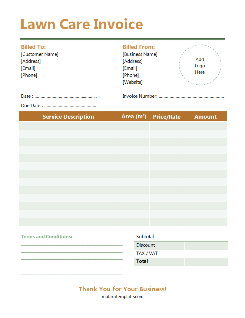 Clean and professional lawn care invoice template with green accents, featuring itemized services, client details, and payment information.