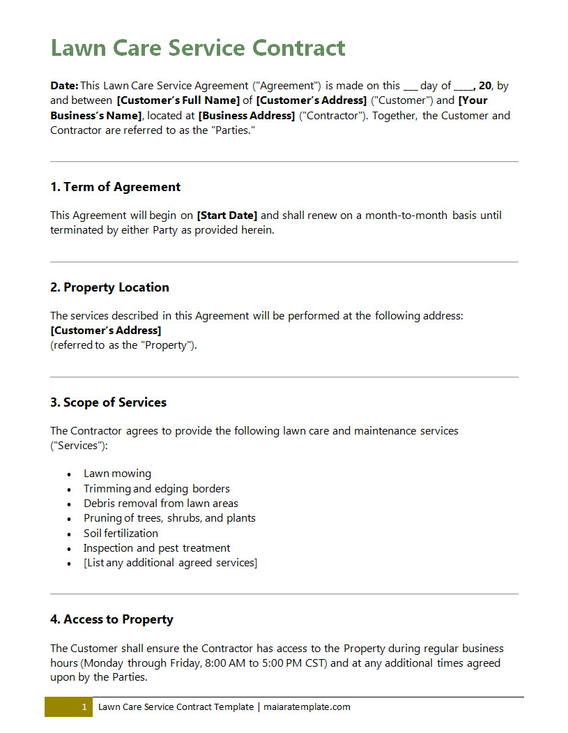 Lawn care service contract template featuring sections for service details, customer information, and payment terms for professional lawn maintenance agreements