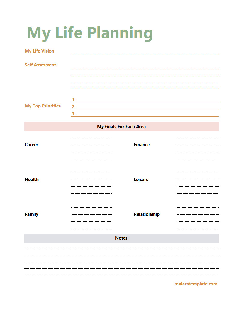 Life Planning Template with Sections for Setting Personal Goals, Action Steps, and Milestones