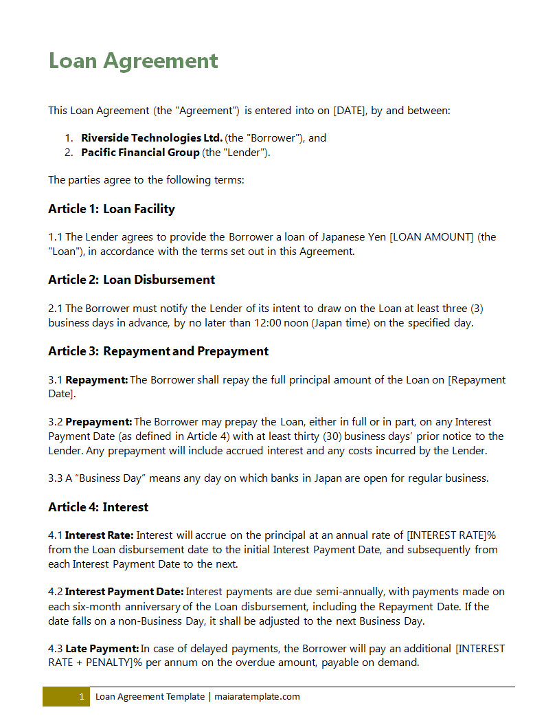 Loan agreement template featuring sections for lender and borrower information, loan amount, interest rate, and repayment schedule for formalizing loan terms