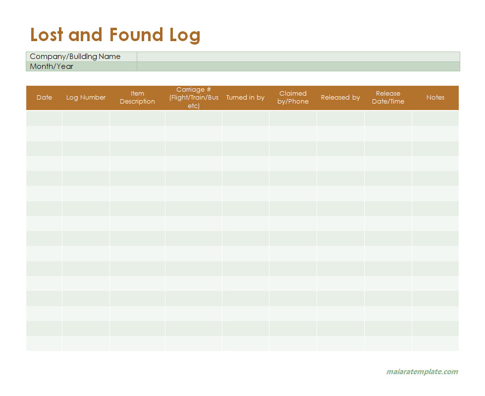 Simple and clean lost and found log sheet template with spaces for item details, location found, and contact information