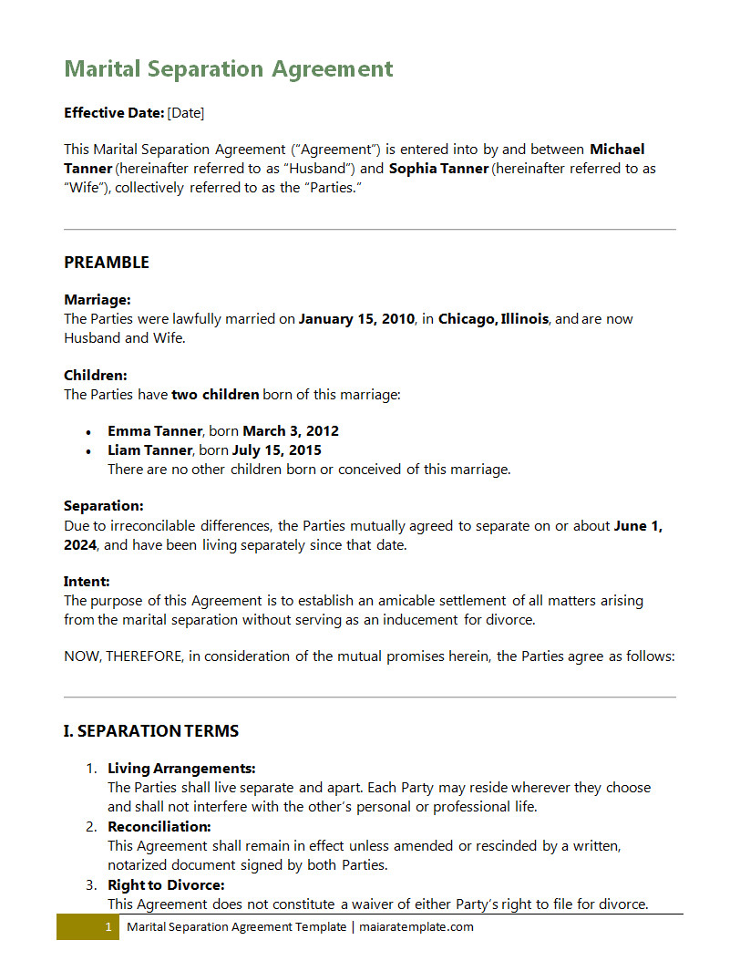 Marital separation agreement template with customizable sections for property division, custody arrangements, and financial obligations.