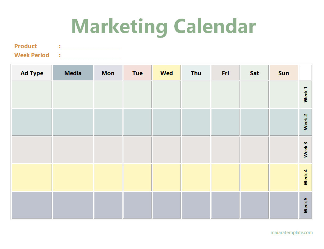 Marketing Calendar Template with Sections for Campaign Dates, Content Planning, and Marketing Channels