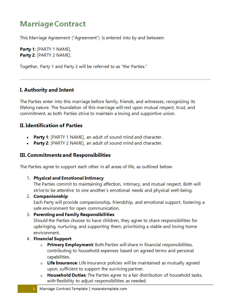 Marriage contract template featuring sections for property division, financial responsibilities, and other legal agreements to define the terms of a marriage.