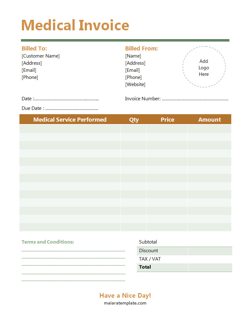 Professional medical invoice template with a clean layout, including sections for patient details, medical services, and payment information.