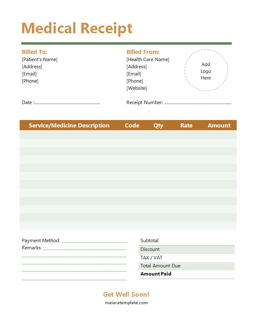 Medical Receipt Template with Sections for Patient Information, Services Provided, and Total Amount Due