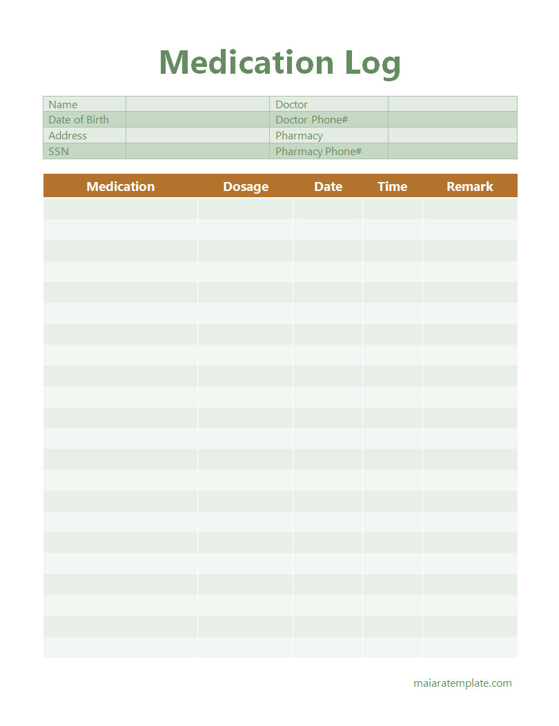 Editable medication log template designed to track daily medication doses and schedules.