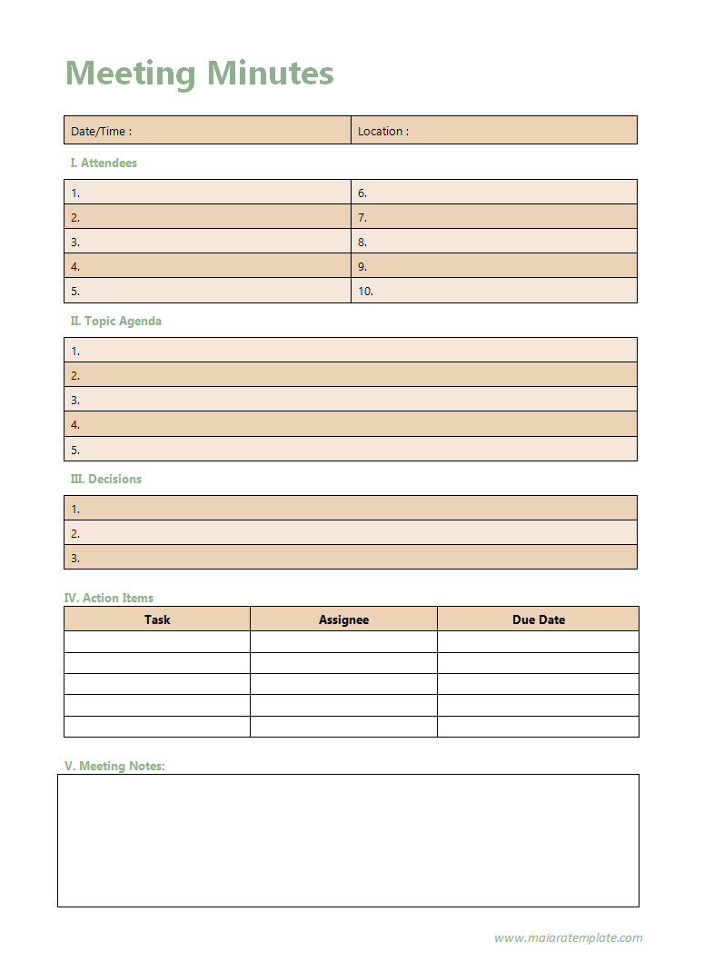 Sample Meeting Minutes Template Featuring Fields for Discussion Topics, Decisions Made, and Action Items