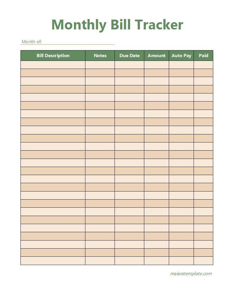 Detailed monthly bill tracker template featuring columns for due dates, amounts, and payment status.