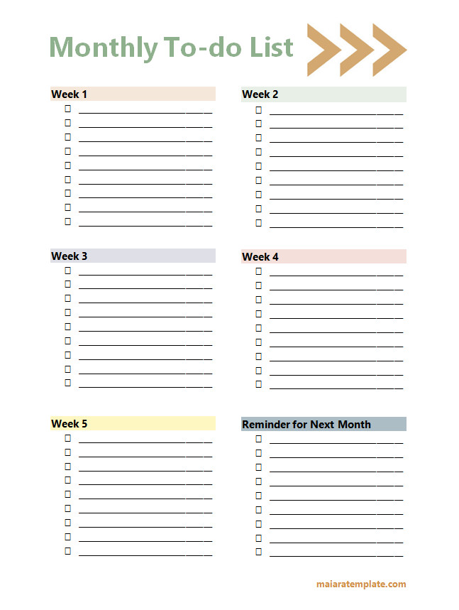 Monthly to-do list template with sections for weekly tasks, goals, and important deadlines.