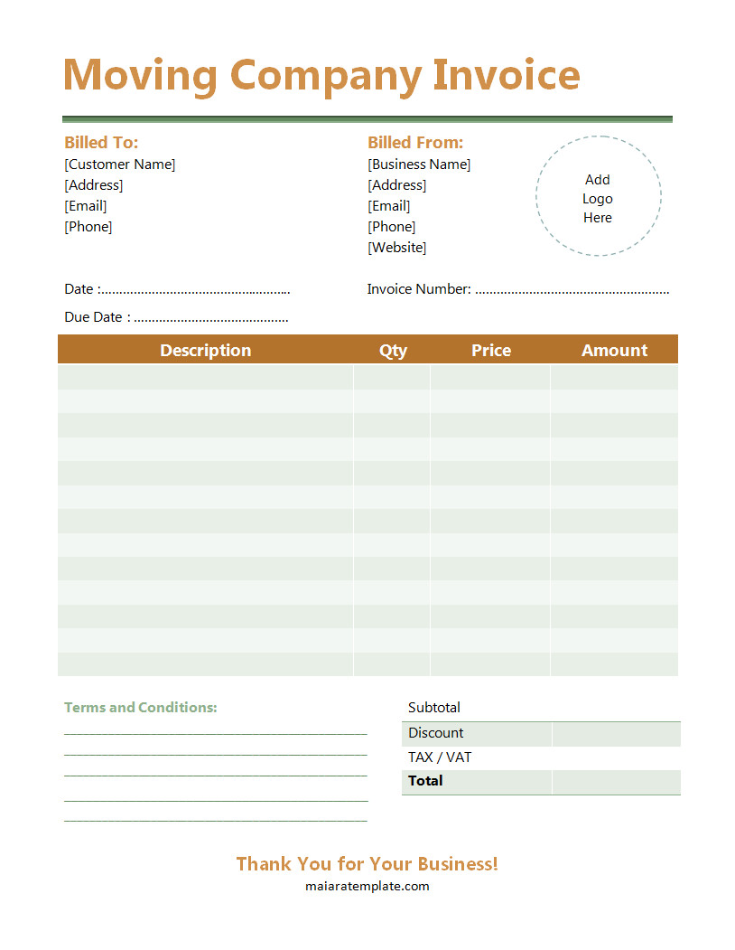 Professional moving company invoice template with sections for client details, itemized moving services, and total payment due.