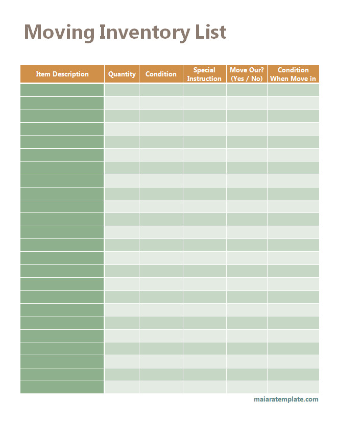 Template for moving inventory list showing a detailed layout for tracking household items and their conditions