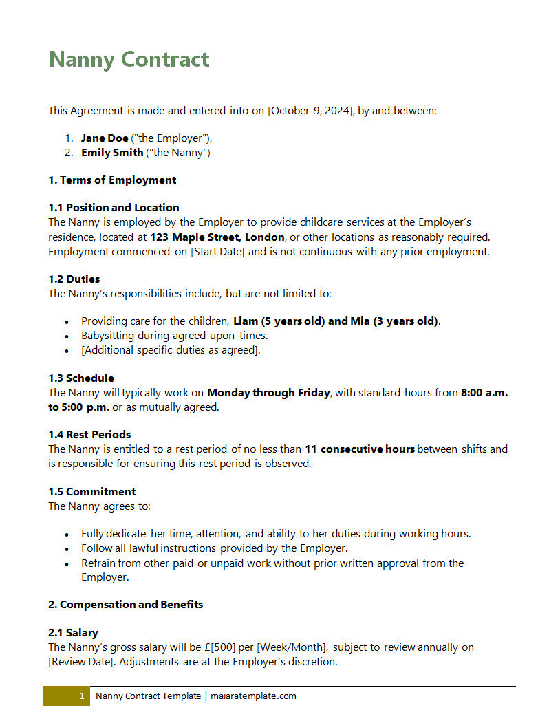 Nanny contract template featuring sections for caregiver duties, work schedule, compensation, and confidentiality agreement to define nanny responsibilities clearly.