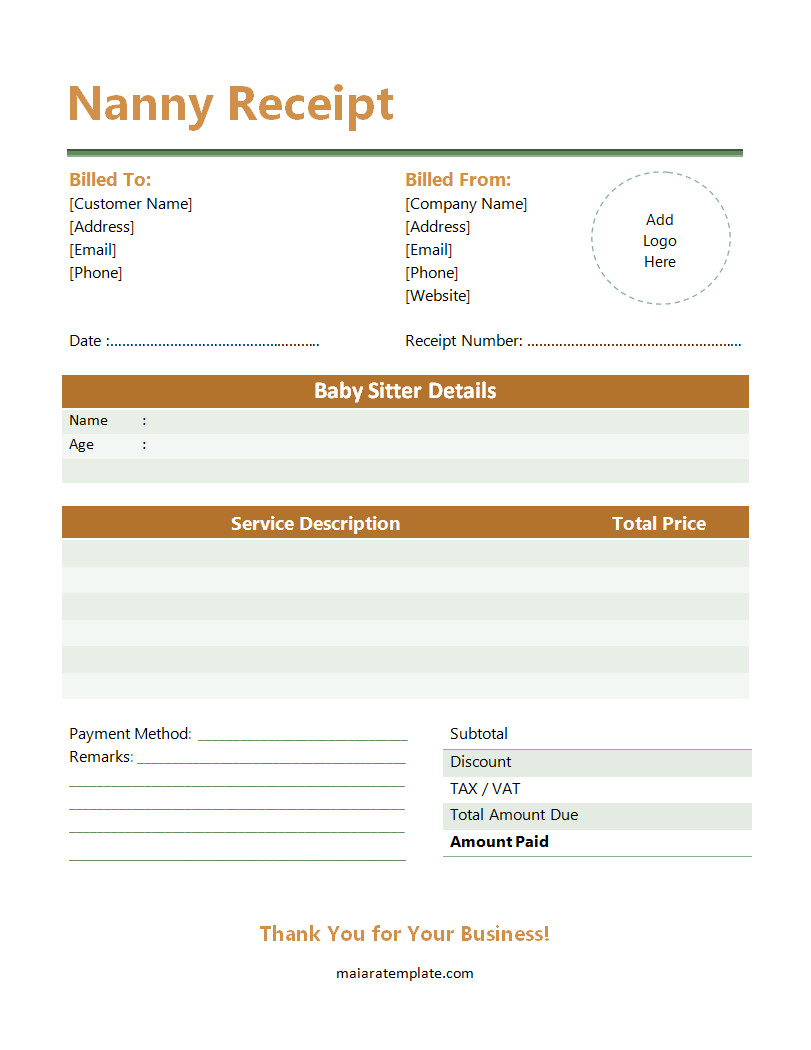 Nanny Receipt Template with Sections for Childcare Hours, Payment Rate, and Total Amount Due